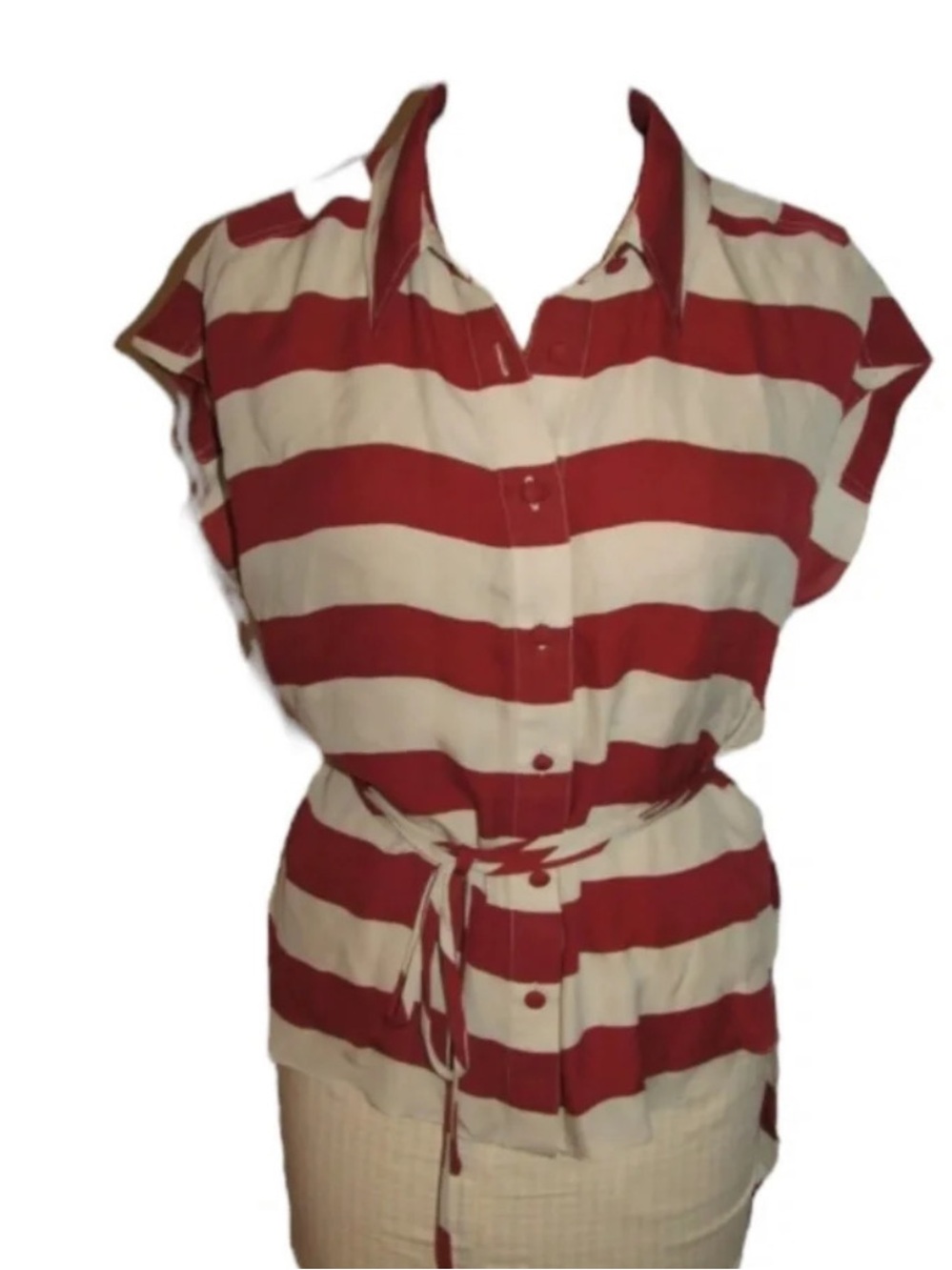 Alexander Wang Red and Cream Striped Short Sleeve Button-Front Shirt